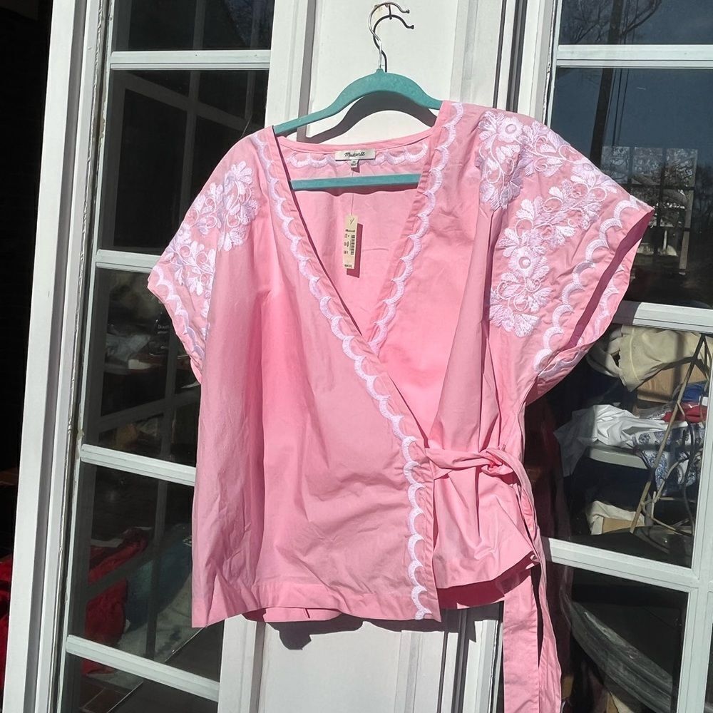 Madewell Pink Wrap Blouse with White Embroidery - Picture 5 of 12